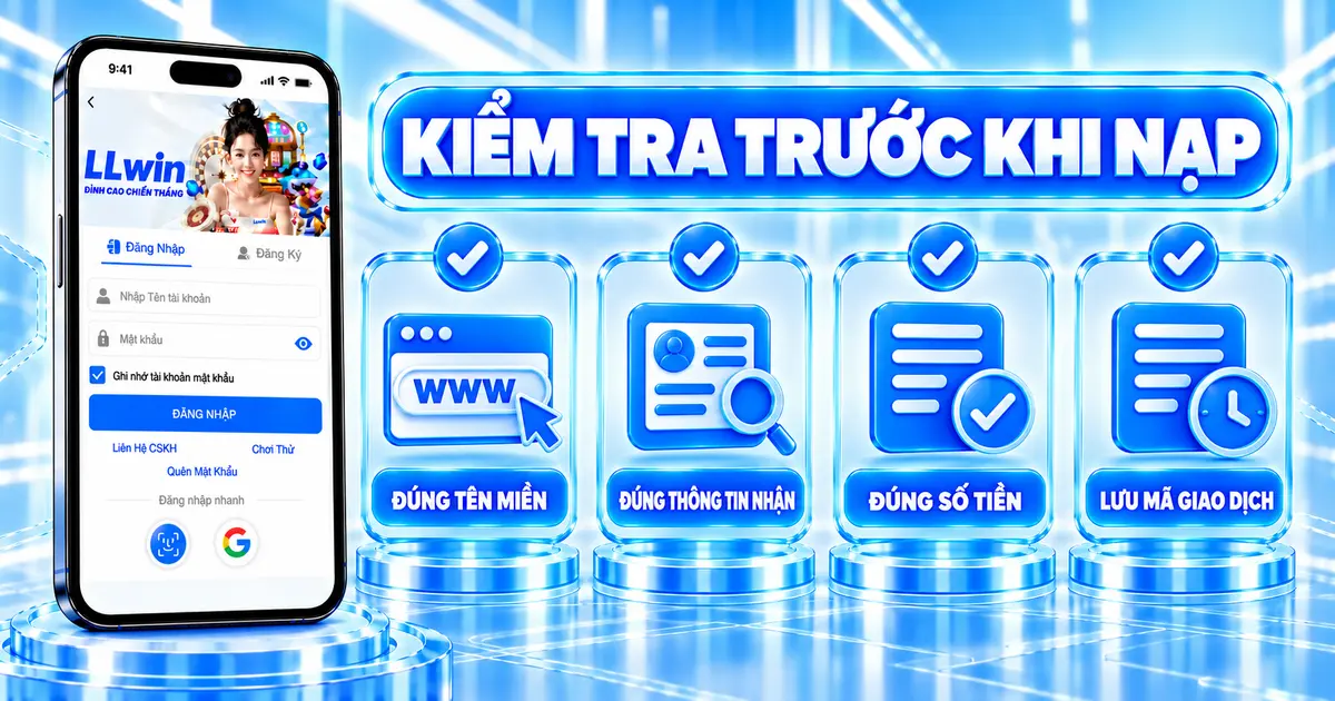 Checklist kiểm tra tên miền, thông tin nhận, số tiền và mã giao dịch khi nạp LLWIN