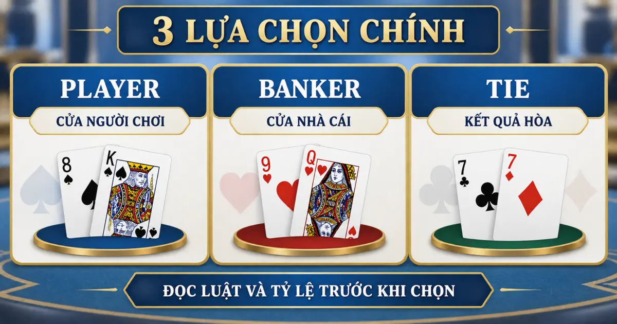 Ba lựa chọn chính Player Banker và Tie trong Baccarat