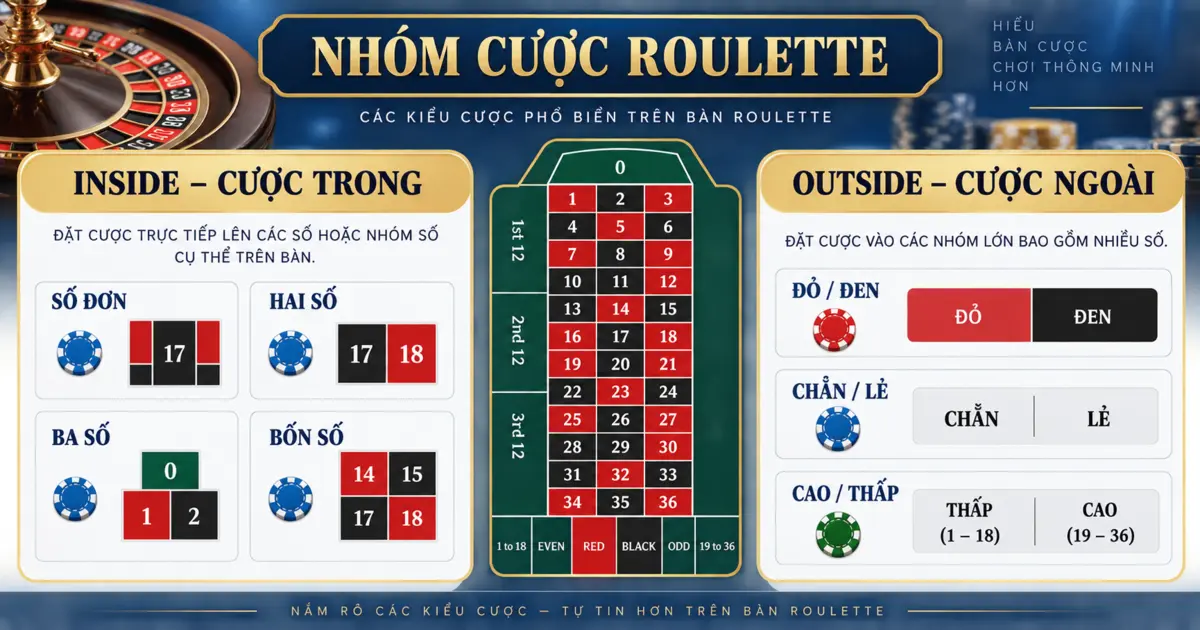 Nhóm cược trong và cược ngoài trên bàn Roulette