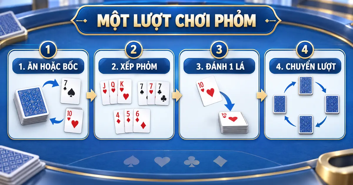 Quy trình ăn hoặc bốc xếp phỏm đánh một lá và chuyển lượt