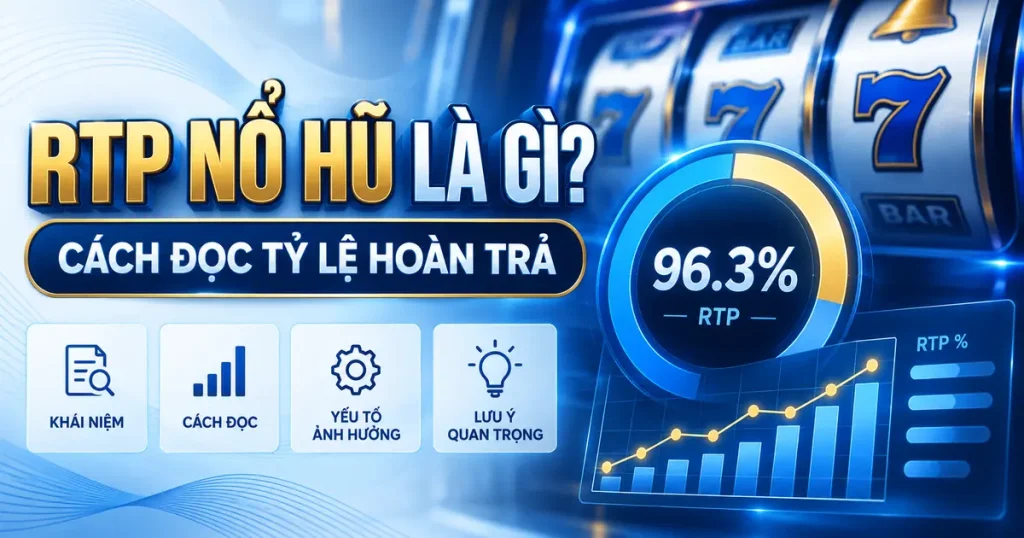 Minh họa RTP nổ hũ với đồng hồ phần trăm và biểu đồ dài hạn