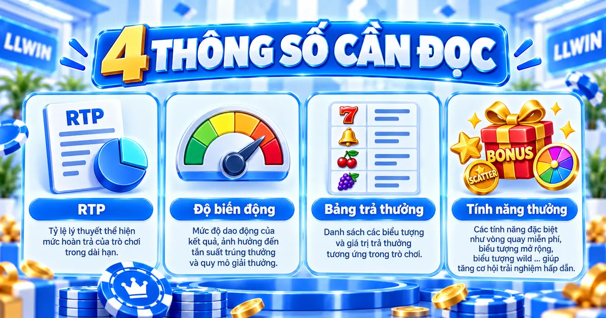Bốn thông số của game nổ hũ LLWIN gồm RTP, độ biến động, bảng trả thưởng và tính năng thưởng